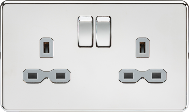 Knightsbridge Screwless 13A 2G DP switched socket - polished chrome with grey insert