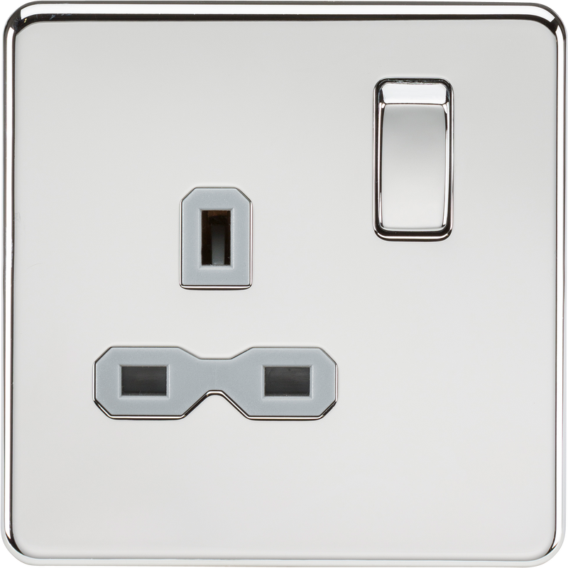 Knightsbridge Screwless 13A 1G DP switched socket - polished chrome with grey insert