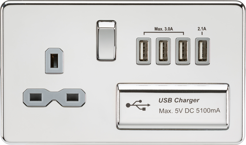 Knightsbridge Screwless 13A switched socket with quad USB charger (5.1A) - polished chrome with grey insert