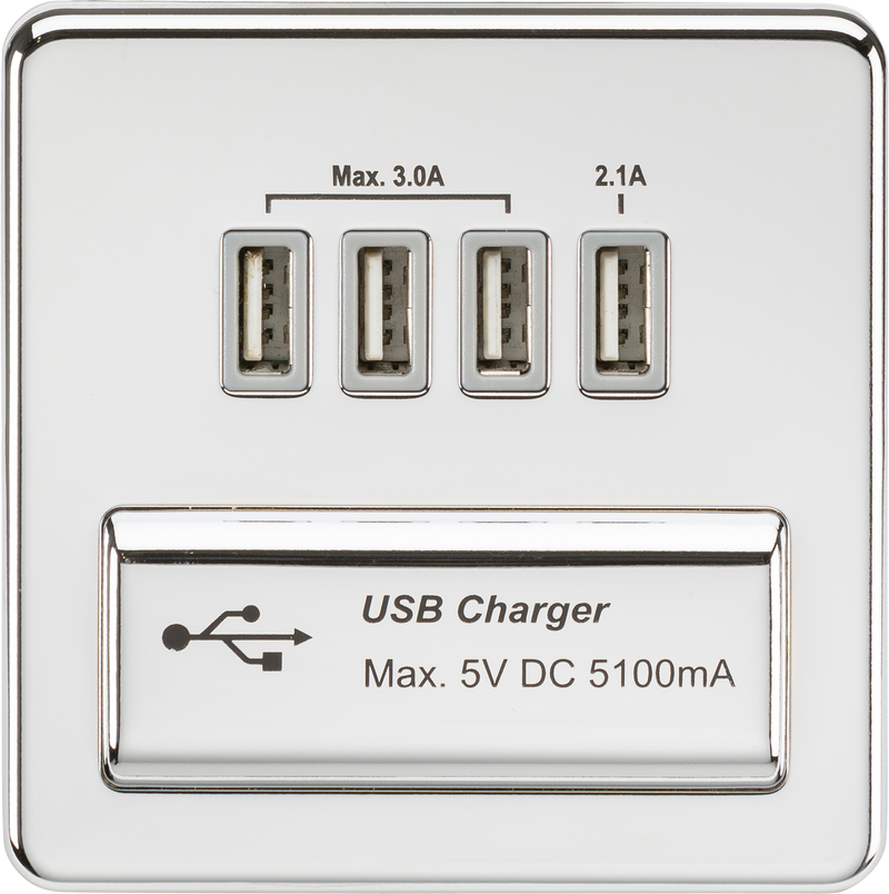 Knightsbridge Screwless Quad USB charger Outlet (5.1A) - Polished chrome with grey insert