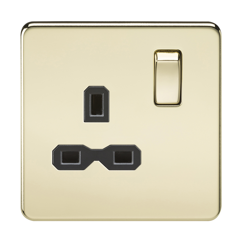 1G DP 13A Screwless Polished Brass 230V UK 3 Pin Switched Electrical Wall Socket - Black Insert