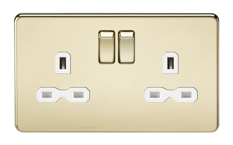 2G DP 13A Screwless Polished Brass 230V UK 3 Pin Switched Electric Wall Socket - White Insert