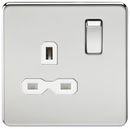 1G DP 13A Screwless Polished Chrome 230V UK 3 Pin Switched Electrical Wall Socket - White Insert