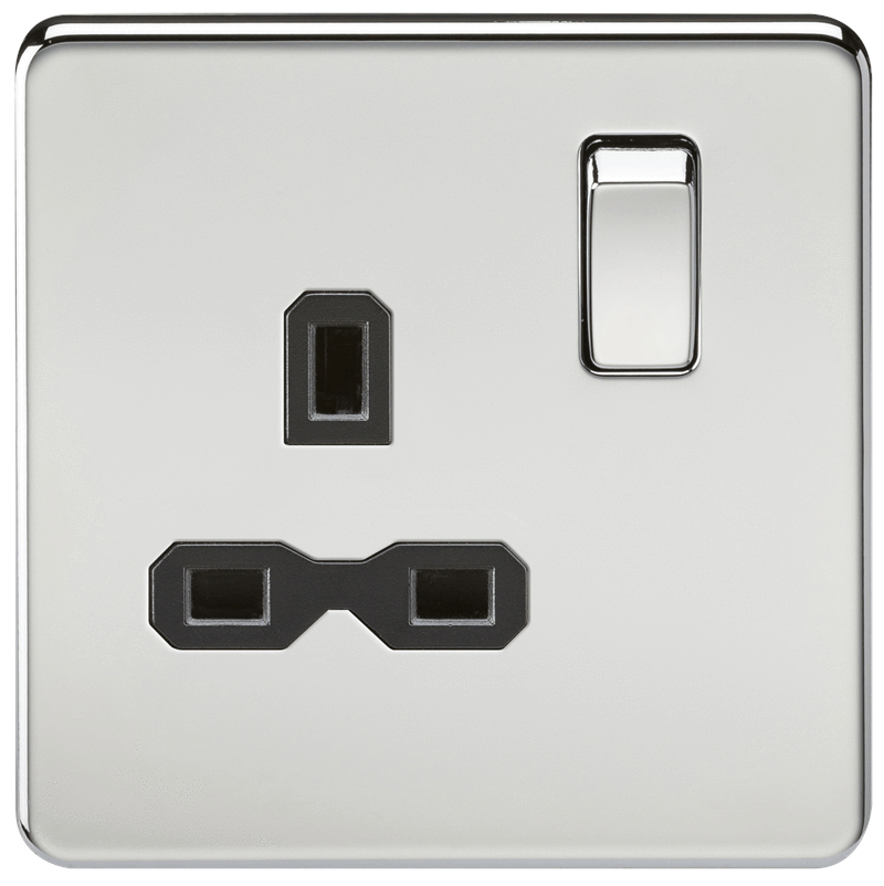 1G DP 13A Screwless Polished Chrome 230V UK 3 Pin Switched Electrical Wall Socket - Black Insert