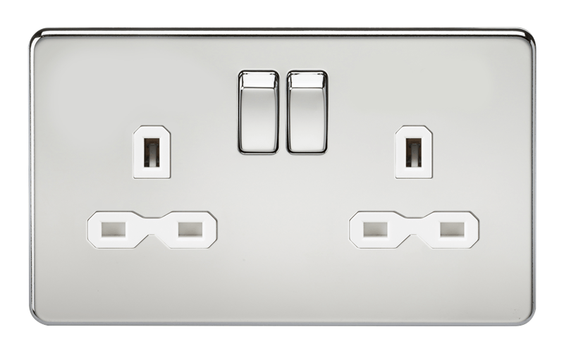 2G DP 13A Screwless Polished Chrome 230V UK 3 Pin Switched Electric Wall Socket - White Insert