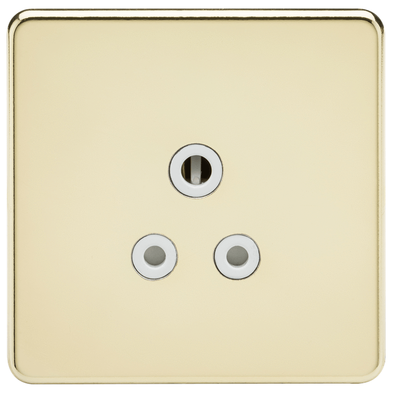 1G 5A Screwless Polished Brass Round Pin 230V Unswitched Electrical Wall Socket - White Insert