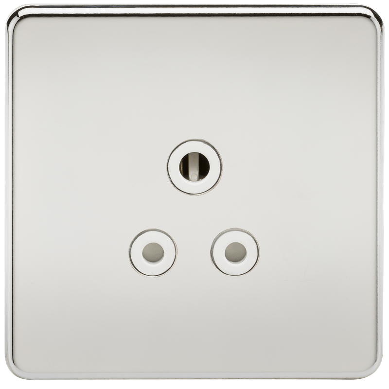 1G 5A Screwless Polished Chrome Round Pin 230V Unswitched Electrical Wall Socket - White Insert