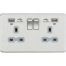 Knightsbridge 13A 2G Switched Socket, Dual USB (2.4A) with LED Charge Indicators - Brushed Chrome w/grey insert