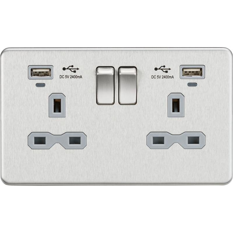 Knightsbridge 13A 2G Switched Socket, Dual USB (2.4A) with LED Charge Indicators - Brushed Chrome w/grey insert