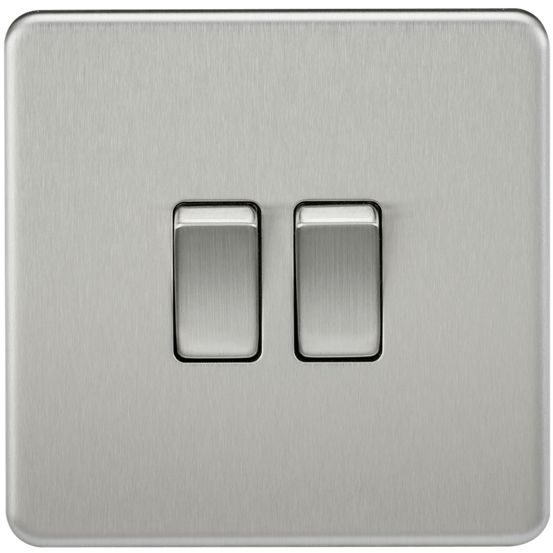 10A 2G 2 Way 230V Screwless Brushed Chrome Electric Wall Plate Switch