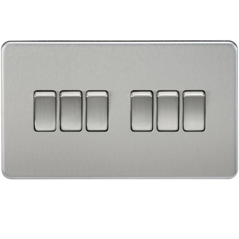 10A 6G 2 Way 230V Screwless Brushed Chrome Electric Wall Plate Switch