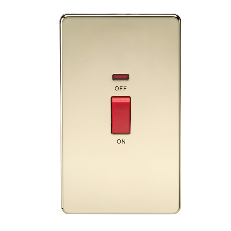 45A 2G DP 230V Screwless Polished Brass Electric Switch With Neon