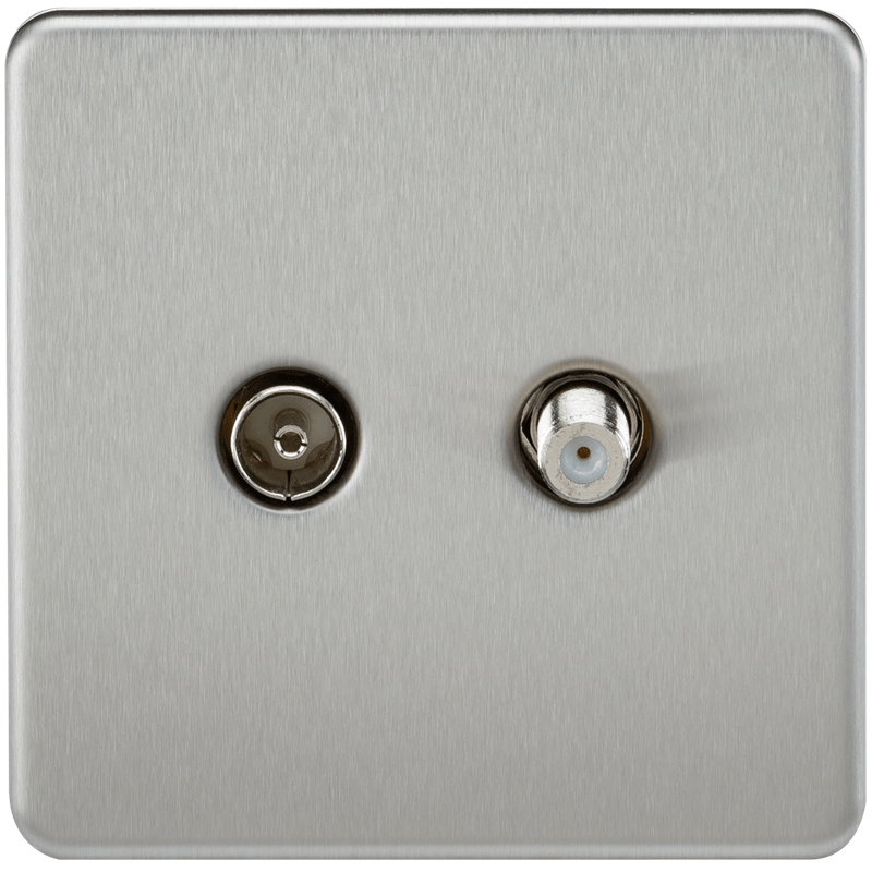 Coaxial TV and SAT TV Outlet 1G Screwless Brushed Chrome Isolated Wall Plate