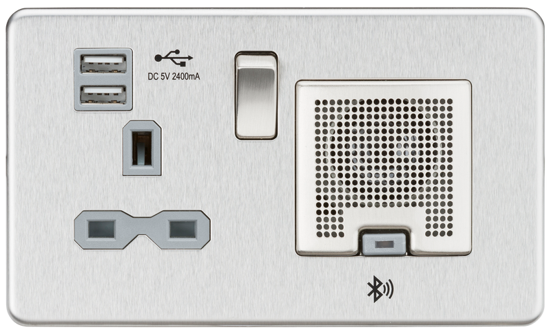 Knightsbridge Screwless 13A socket, USB chargers (2.4A) and Bluetooth Speaker - Brushed chrome with grey insert