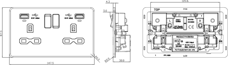 Knightsbridge 13A 2G Switched Socket, Dual USB (2.4A) with LED Charge Indicators - Matt White