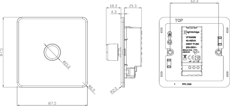 Knightsbridge Screwless 1G 2-way 10-200W (5-150W LED) trailing edge dimmer - Brushed Chrome