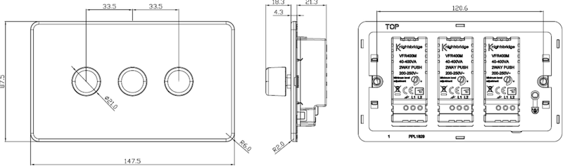 Knightsbridge Screwless 3G 2-way 10-200W (5-150W LED) trailing edge dimmer - Brushed Chrome