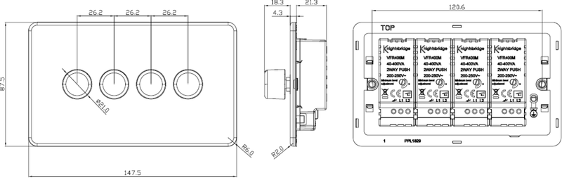 Knightsbridge Screwless 4G 2-way 10-200W (5-150W LED) trailing edge dimmer - Brushed Chrome