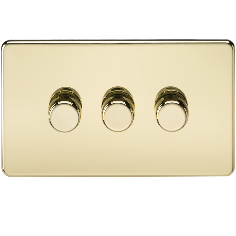 Knightsbridge Screwless 3G 2-way 10-200W (5-150W LED) trailing edge dimmer - Polished Brass