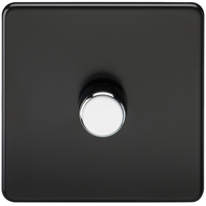 Knightsbridge Screwless 1G 2-way 10-200W (5-150W LED) trailing edge dimmer - Matt Black with chrome knob