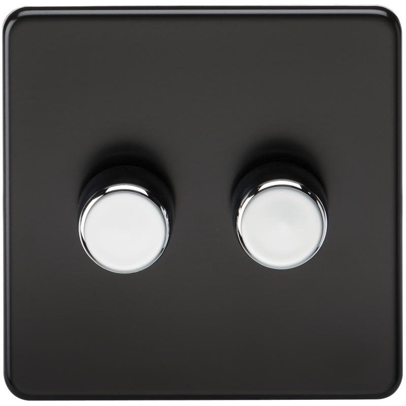 Knightsbridge Screwless 2G 2-way 10-200W (5-150W LED) trailing edge dimmer - Matt Black with chrome knobs