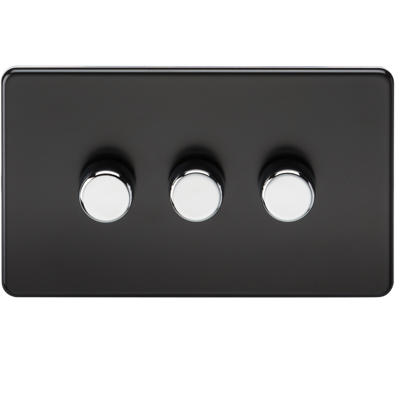 Knightsbridge Screwless 3G 2-way 10-200W (5-150W LED) trailing edge dimmer - Matt Black with chrome knobs