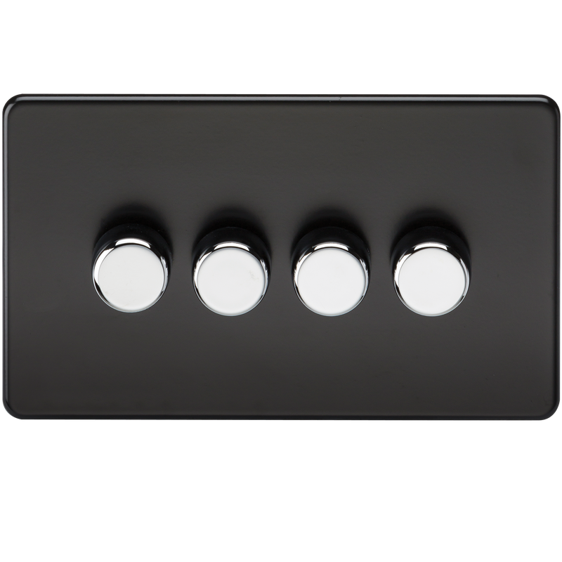 Knightsbridge Screwless 4G 2-way 10-200W (5-150W LED) trailing edge dimmer - Matt Black with chrome knobs