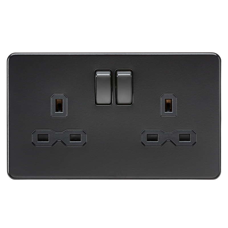 Knightsbridge Screwless 13A 2G DP switched socket - matt black with black insert