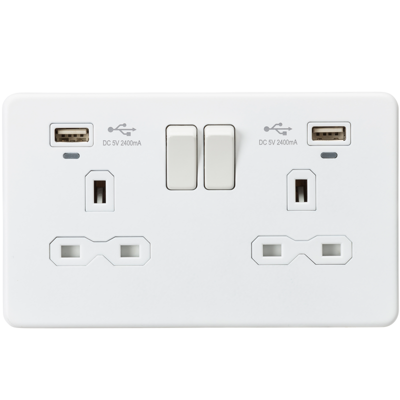 Knightsbridge 13A 2G Switched Socket, Dual USB (2.4A) with LED Charge Indicators - Matt White