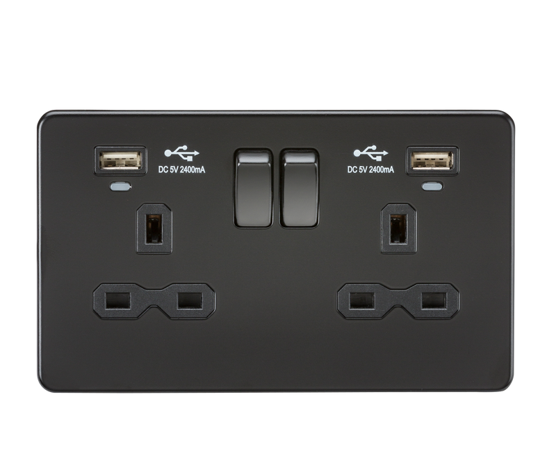 Knightsbridge 13A 2G Switched Socket, Dual USB (2.4A) with LED Charge Indicators - Matt Black