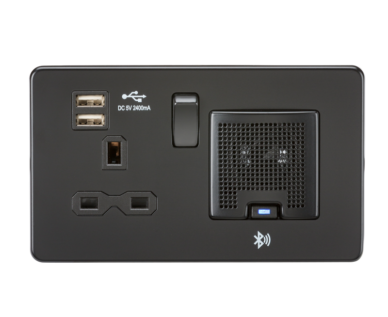 Knightsbridge Screwless 13A socket, USB chargers (2.4A) and Bluetooth Speaker - Matt Black