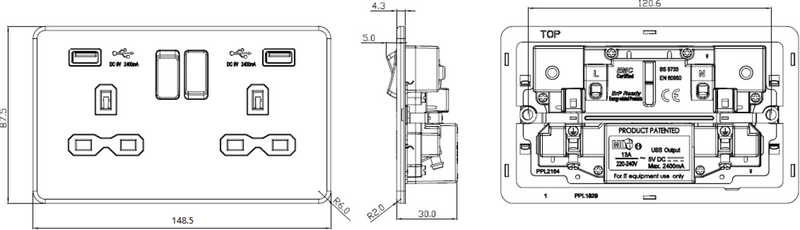 Knightsbridge 13A 2G switched socket with dual USB charger A + A (2.4A) - Matt white