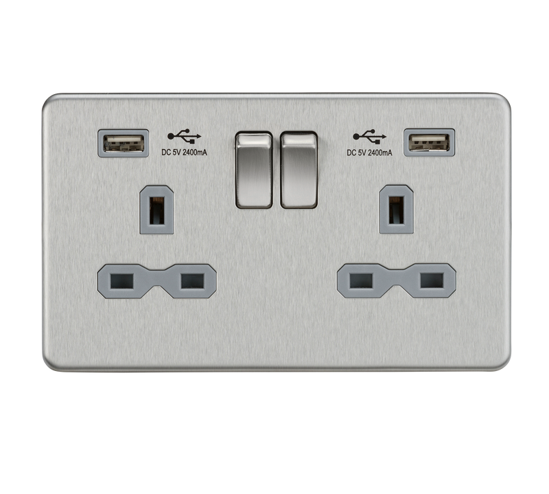 Knightsbridge 13A 2G switched socket with dual USB charger A + A (2.4A) - Brushed chrome with grey insert