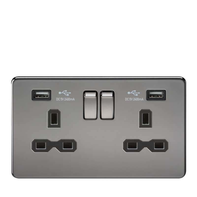 Knightsbridge 13A 2G switched socket with dual USB charger A + A (2.4A) - Black nickel