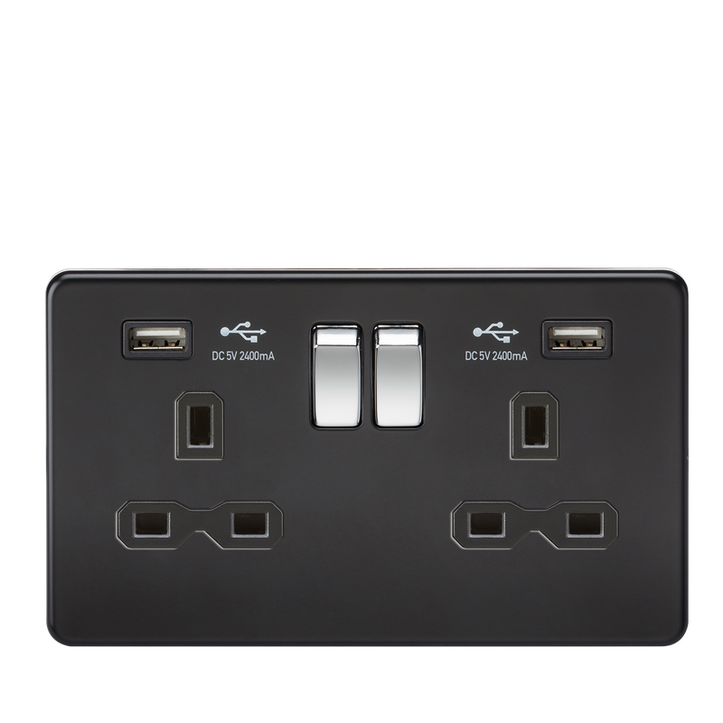 Knightsbridge 13A 2G switched socket with dual USB charger A + A (2.4A) - Matt black with chrome rockers Rockers