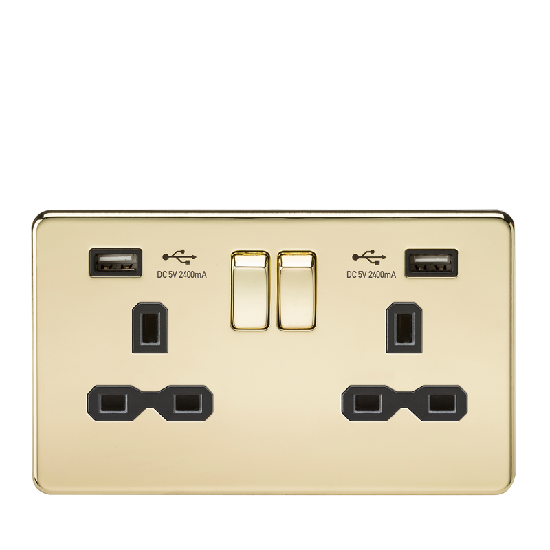 Knightsbridge 13A 2G switched socket with dual USB charger A + A (2.4A) - Polished brass with black insert