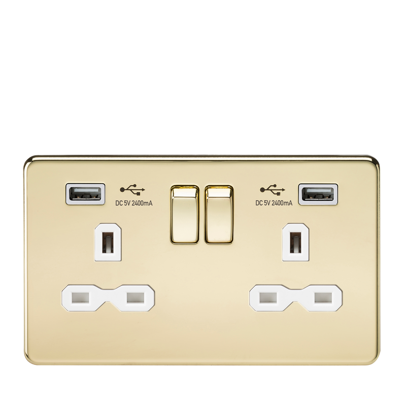 Knightsbridge 13A 2G switched socket with dual USB charger A + A (2.4A) - Polished brass with white insert