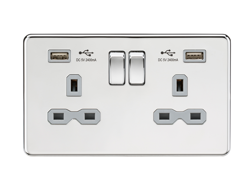 Knightsbridge 13A 2G switched socket with dual USB charger A + A (2.4A) - Polished chrome with grey insert