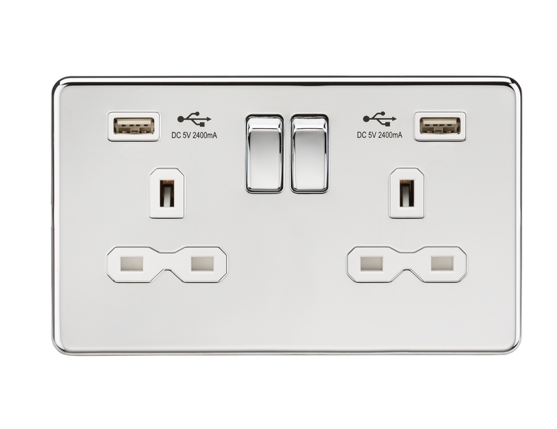 Knightsbridge 13A 2G switched socket with dual USB charger A + A (2.4A) - Polished chrome with white insert