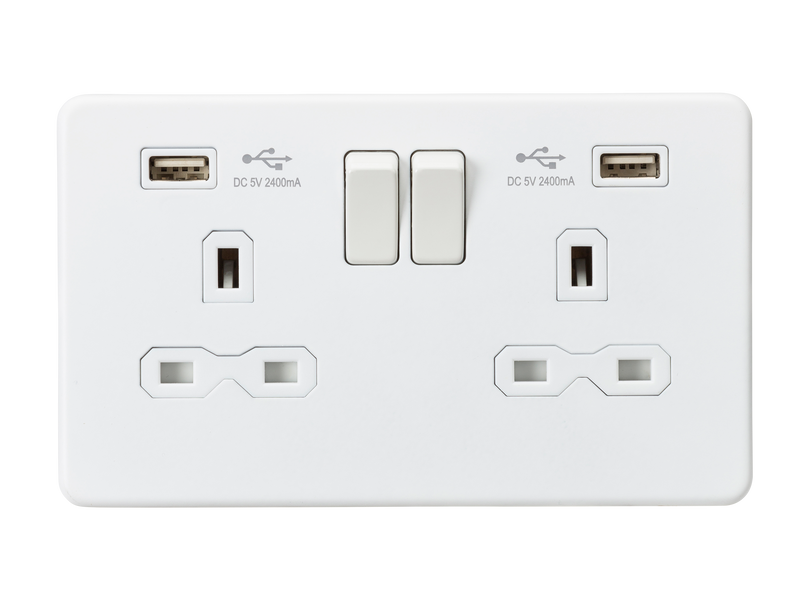 Knightsbridge 13A 2G switched socket with dual USB charger A + A (2.4A) - Matt white