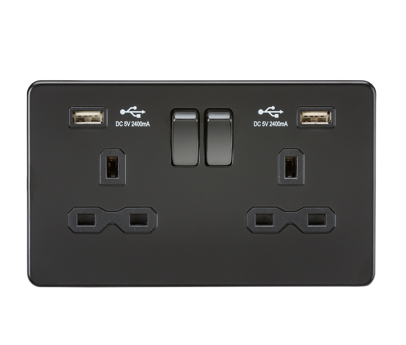 Knightsbridge 13A 2G switched socket with dual USB charger A + A (2.4A) - Matt black