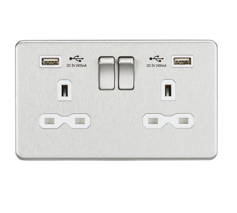 Knightsbridge 13A 2G switched socket with dual USB charger A + A (2.4A) - Brushed chrome with white insert