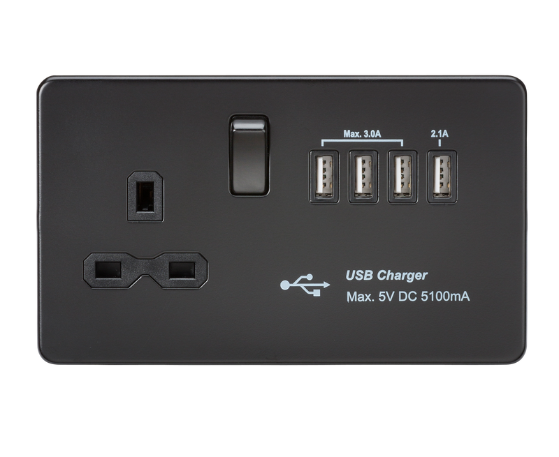 Knightsbridge Screwless 13A switched socket with quad USB charger (5.1A) - Matt Black