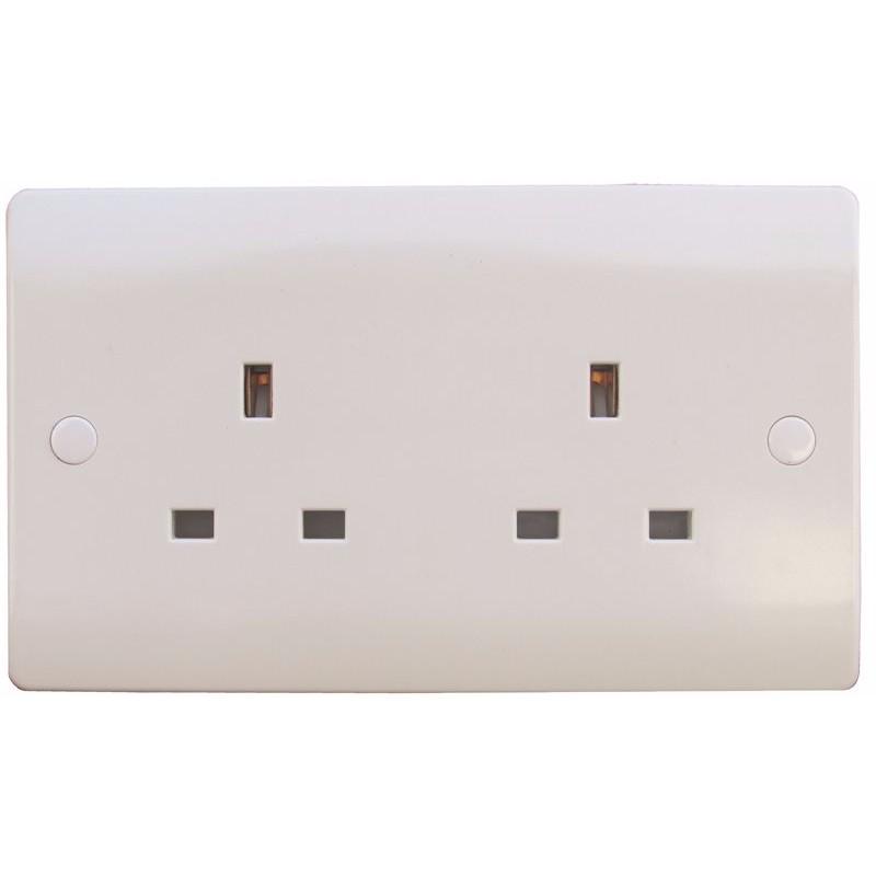 Sline 13A White 2G Twin 230V UK 3 Pin Unswitched Electric Wall Socket
