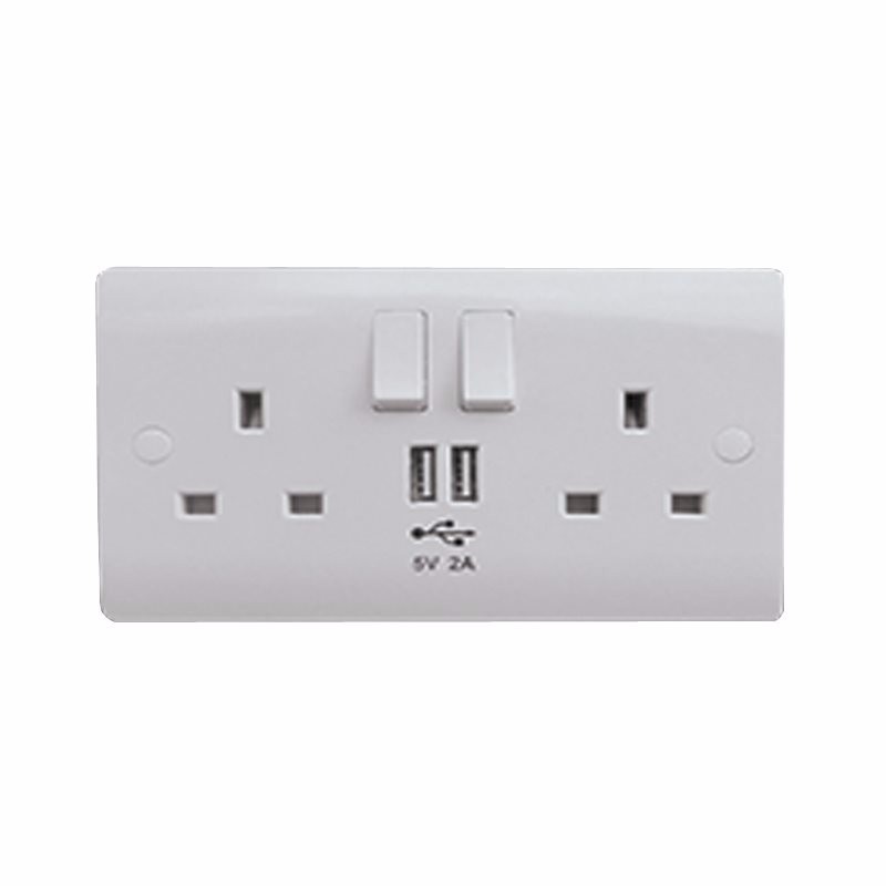 Sline 13A White 2G 230V UK 3 Switched Electric Wall Socket & 2 USB Charger Port