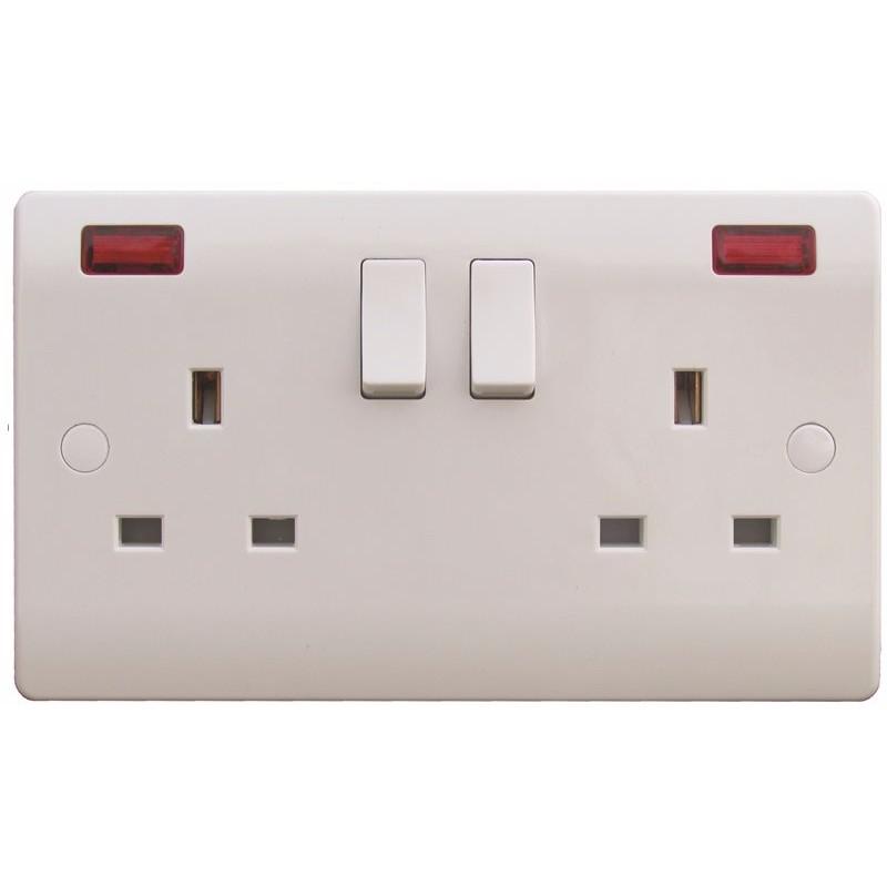 Sline 13A White 2G Twin 230V UK 3 Switched Electric Wall Socket with Neon