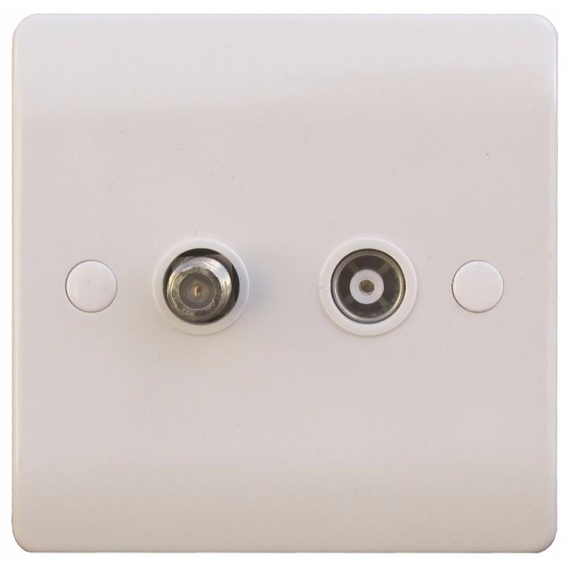 Sline White Twin Coaxial and Satellite TV Outlet Isolated Single Wall Plate