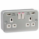 Metal Clad 13A 2 Gang Switched Socket With 2 USB 5V Charger Ports