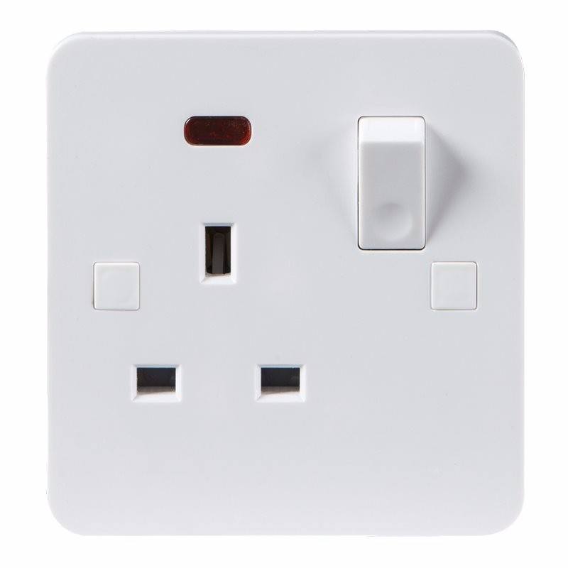 Knightsbridge Pure 4mm 1 Gang White 13a Switched Single Pole UK Plug Socket with Neon