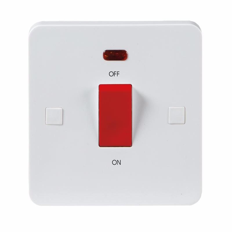 Knightsbridge Pure 9mm 45A White 1G Double Pole 230V Electric Cooker Wall Plate Switch With Neon